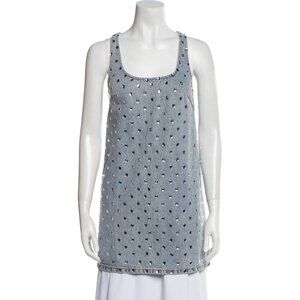 Self-Portrait Rhinestone Denim Scoop Neck Dress - US 0 / UK 4